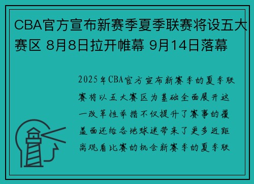 CBA官方宣布新赛季夏季联赛将设五大赛区 8月8日拉开帷幕 9月14日落幕