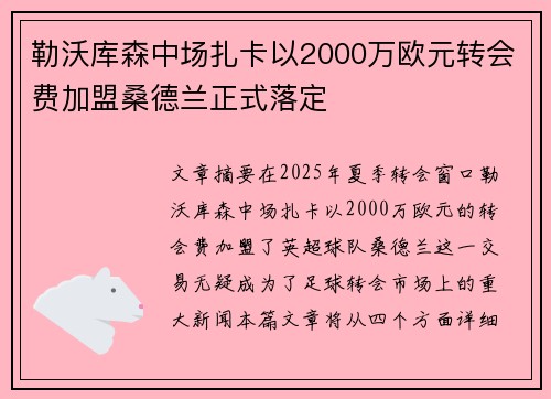 勒沃库森中场扎卡以2000万欧元转会费加盟桑德兰正式落定